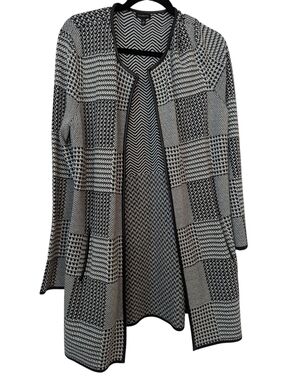 Talbots Black & White Patchwork Knit Open Cardigan With Faux Leather Trim - L